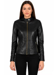 Women's black sheepskin leather jacket, front view