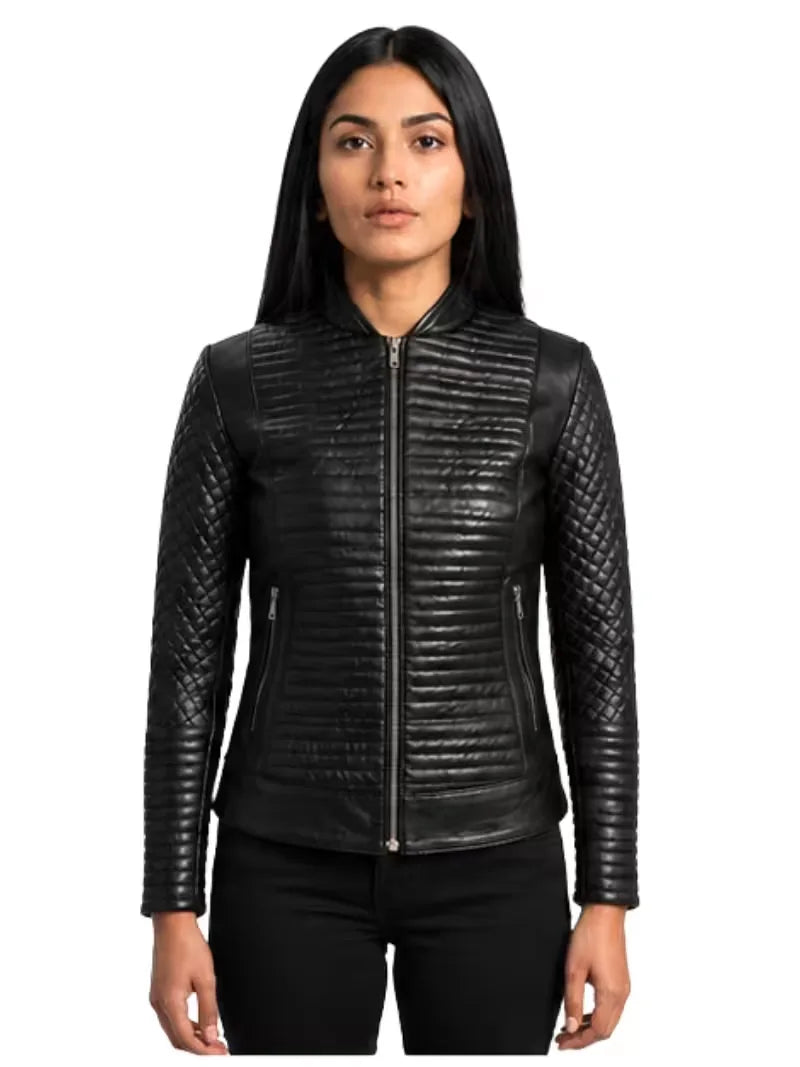Women's black sheepskin leather jacket, front view