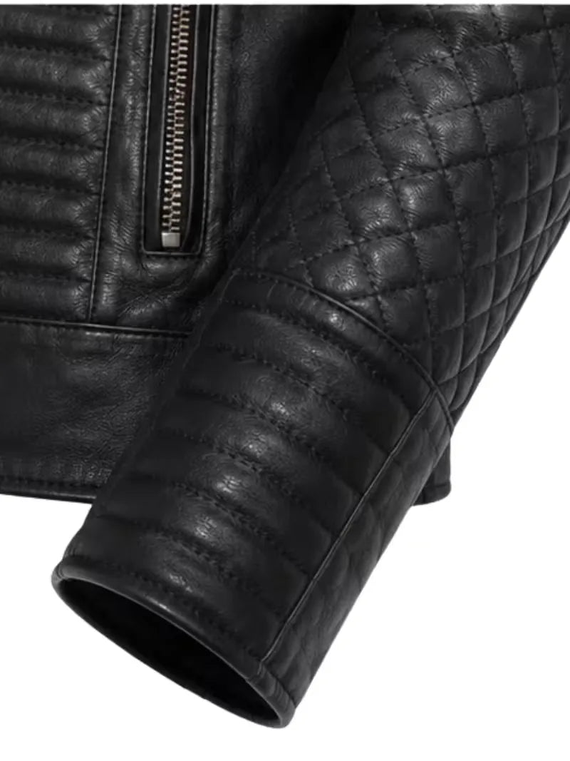 Women's black sheepskin leather jacket, cuff detail