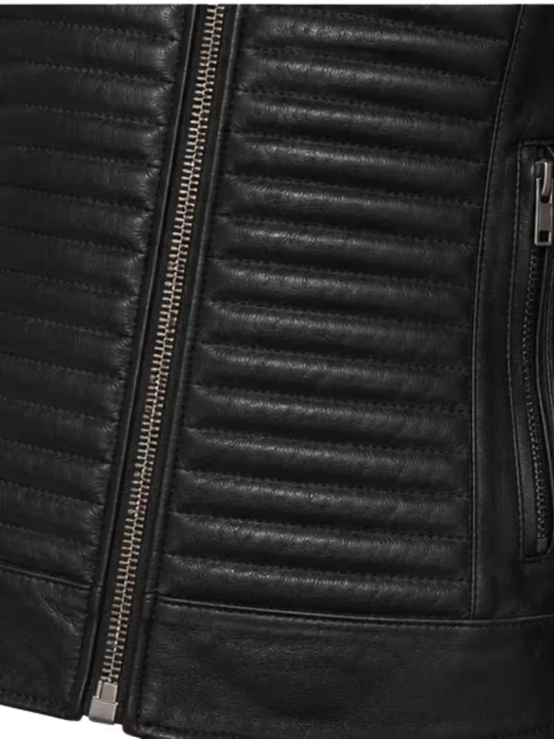 Women's black sheepskin leather jacket, zip and closure detail