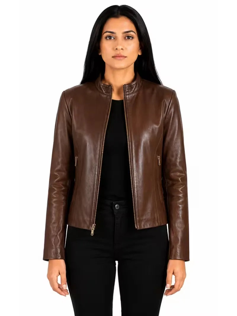 Women's as shown sheepskin leather jacket, side view