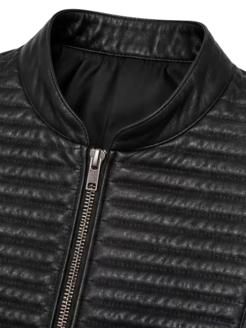 Women's black sheepskin leather jacket, side view