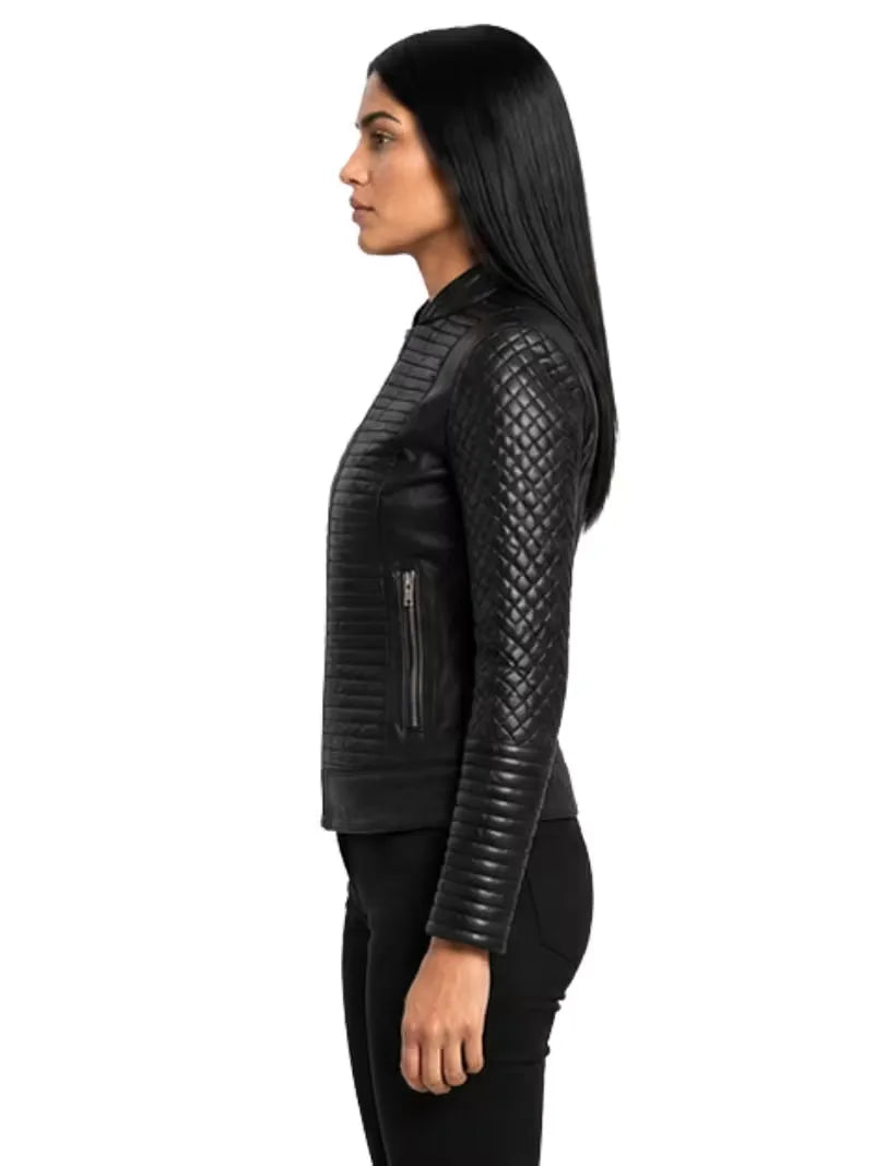 Women's black sheepskin leather jacket, lining detail