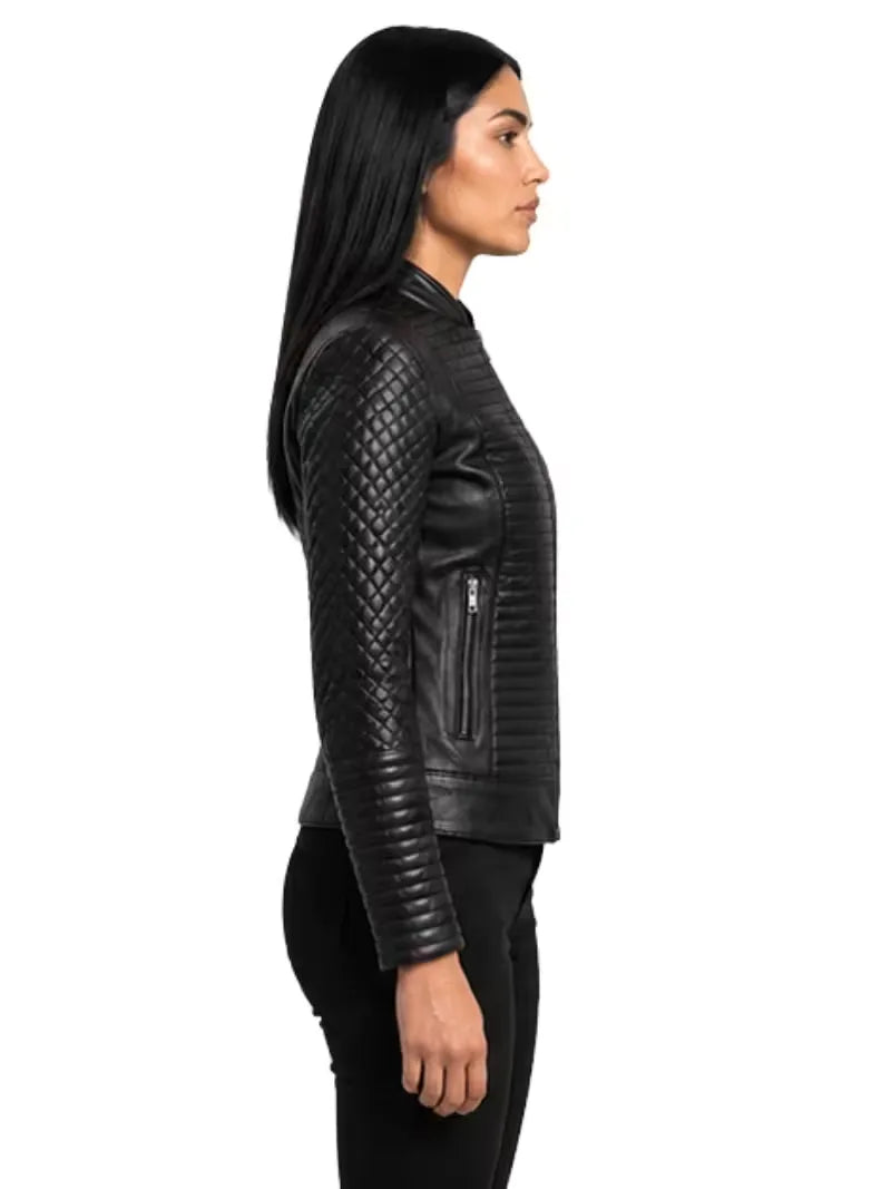 Women's black sheepskin leather jacket, pocket detail