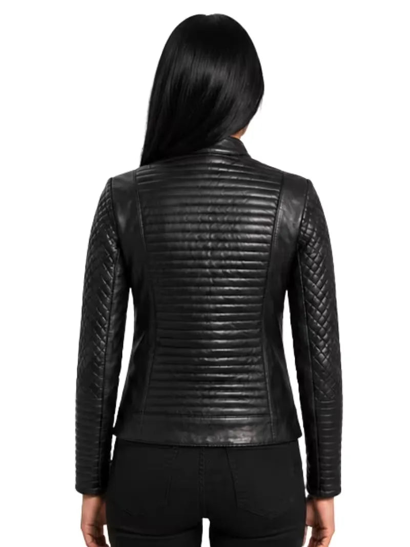Women's black sheepskin leather jacket, back view