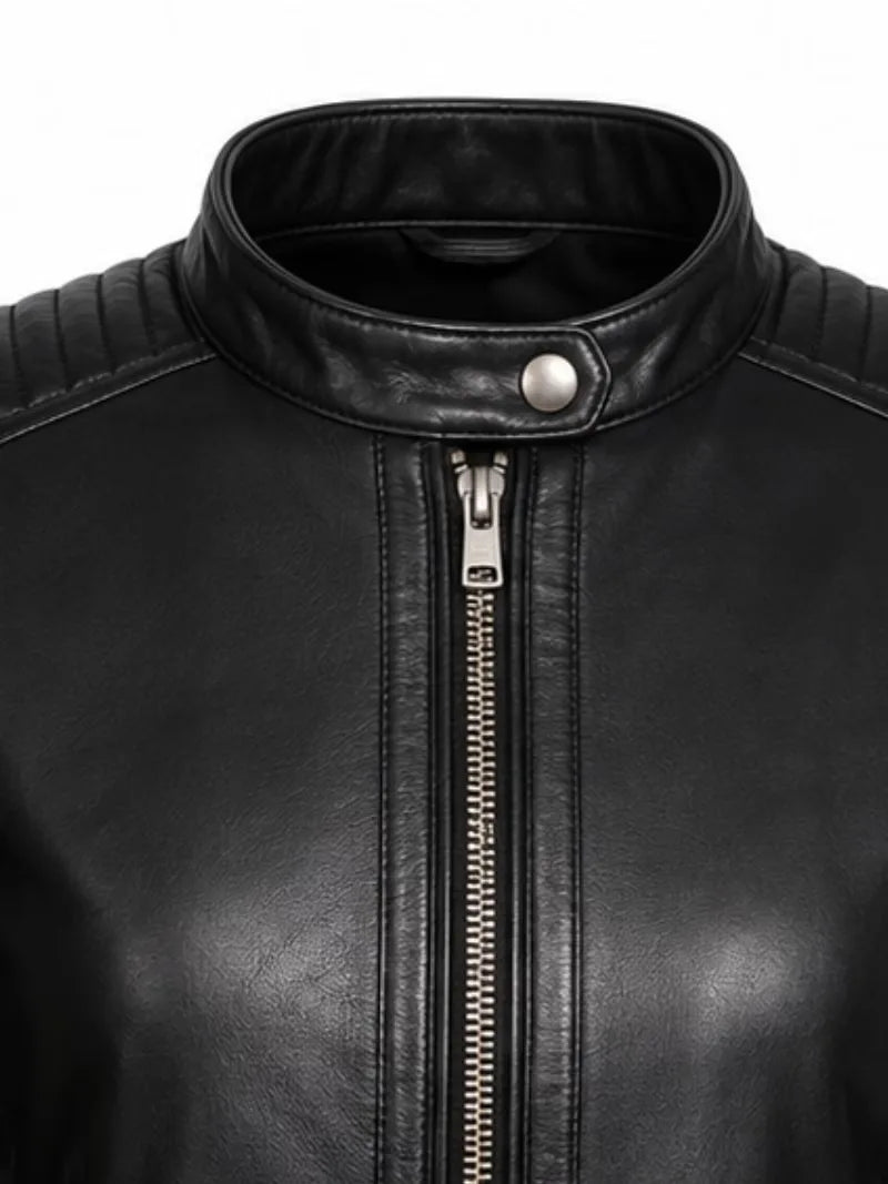 Women's cowhide leather jacket, collar detail