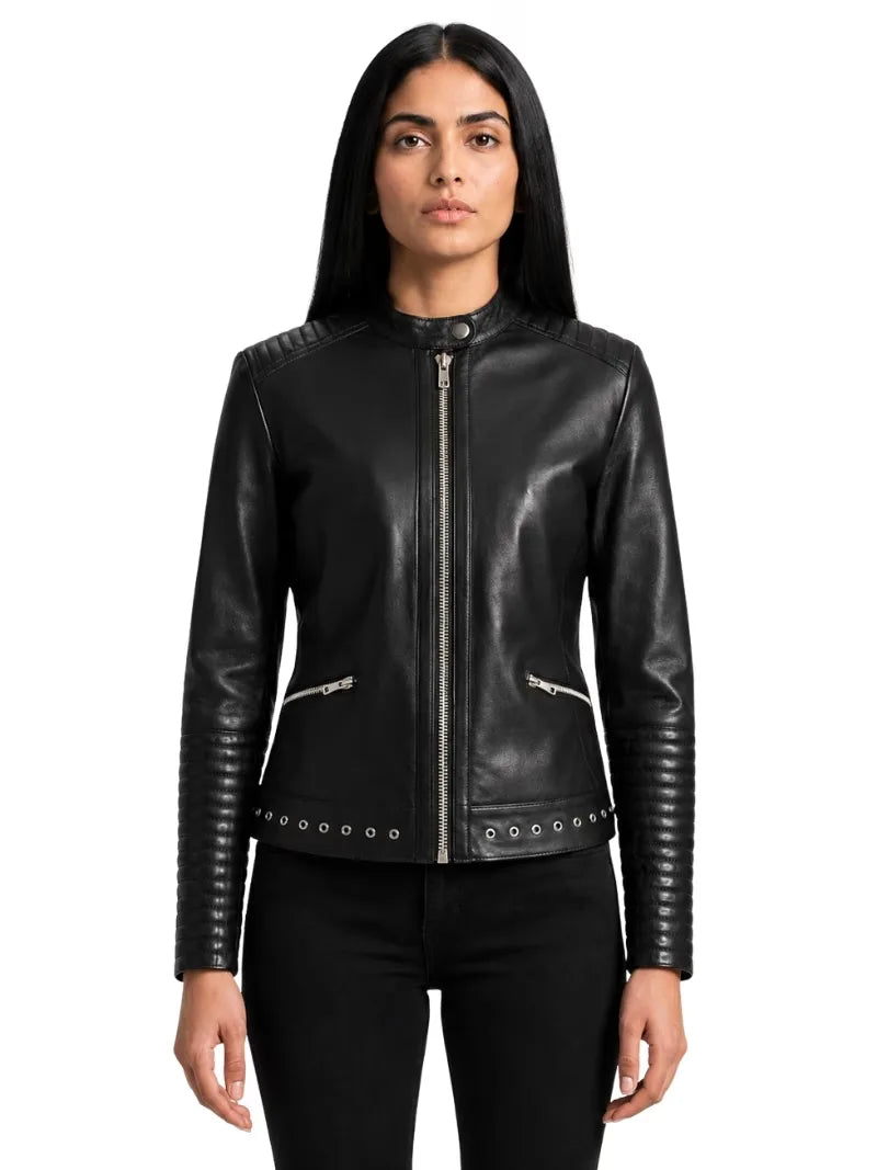 Women's cowhide leather jacket, front view