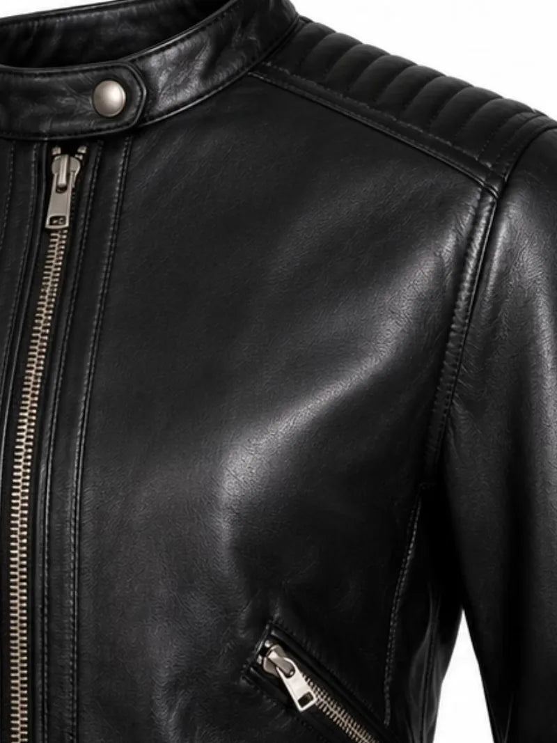 Women's cowhide leather jacket, zip and closure detail