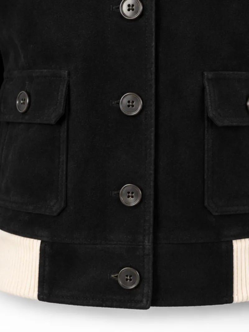 Women's sheepskin suede bomber jacket, pocket detail