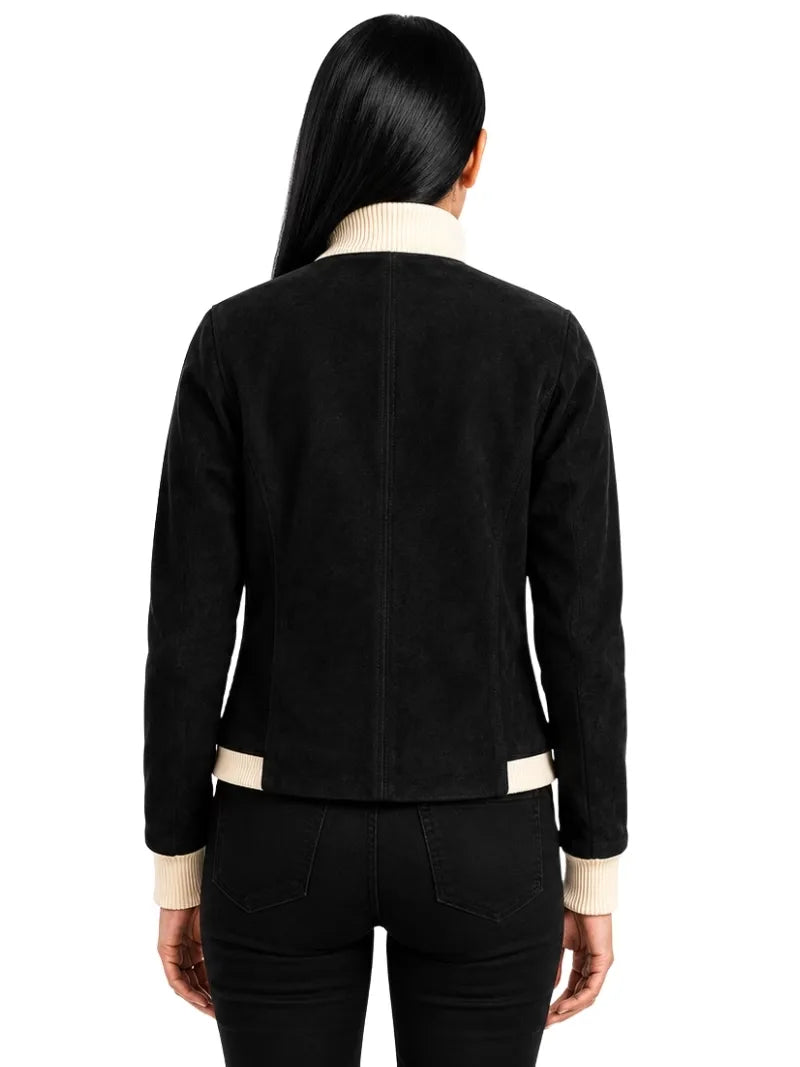 Women's sheepskin suede bomber jacket, back view