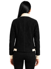 Women's sheepskin suede bomber jacket, back view