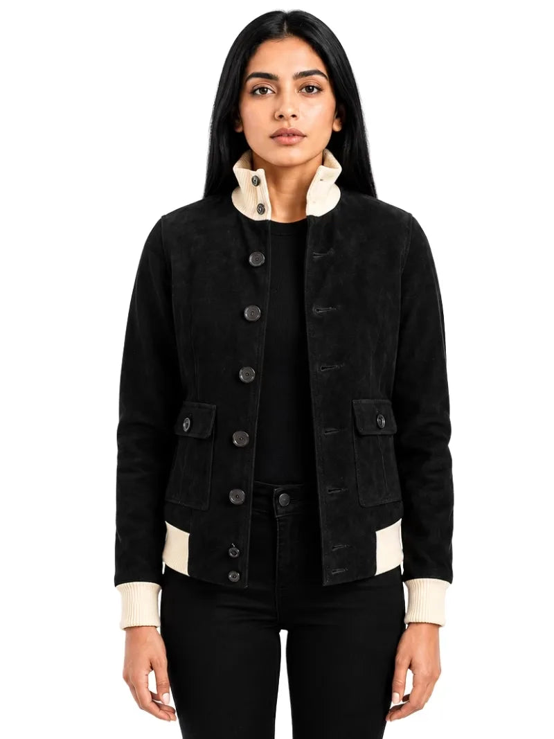 Women's sheepskin suede bomber jacket, front view