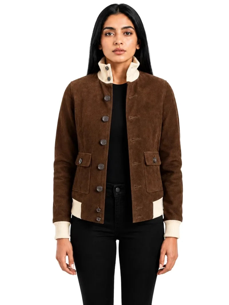 Women's sheepskin suede bomber jacket, side view