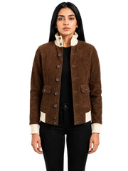 Women's sheepskin suede bomber jacket, side view