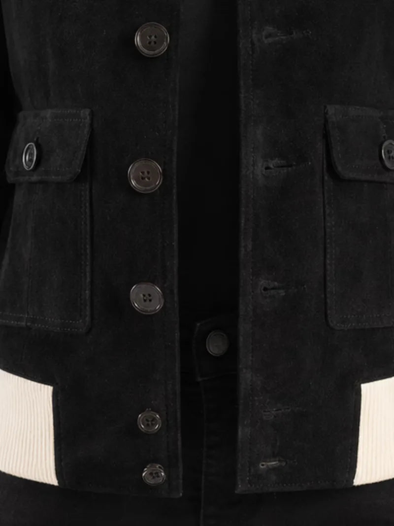 Women's black sheepskin suede leather jacket, pocket detail