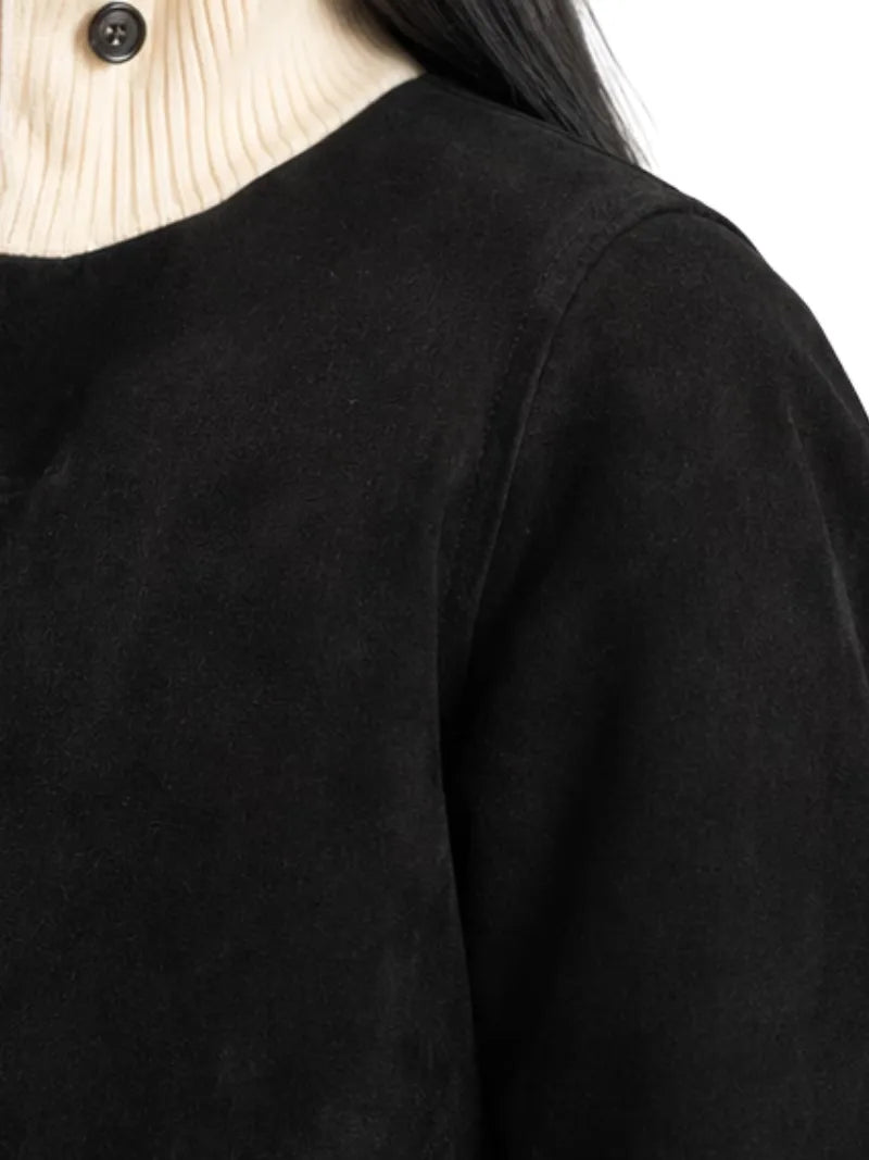 Women's black sheepskin suede leather jacket, cuff detail