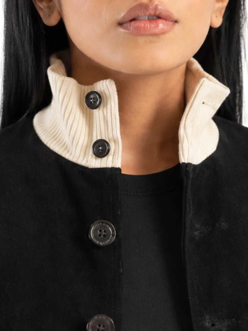 Women's black sheepskin suede leather jacket, zip and closure detail