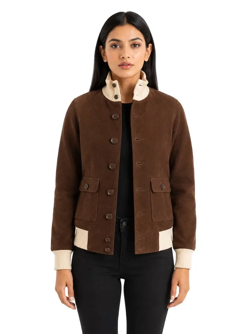 Women's black sheepskin suede leather jacket, side view
