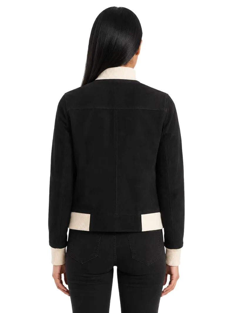 Women's black sheepskin suede leather jacket, back view