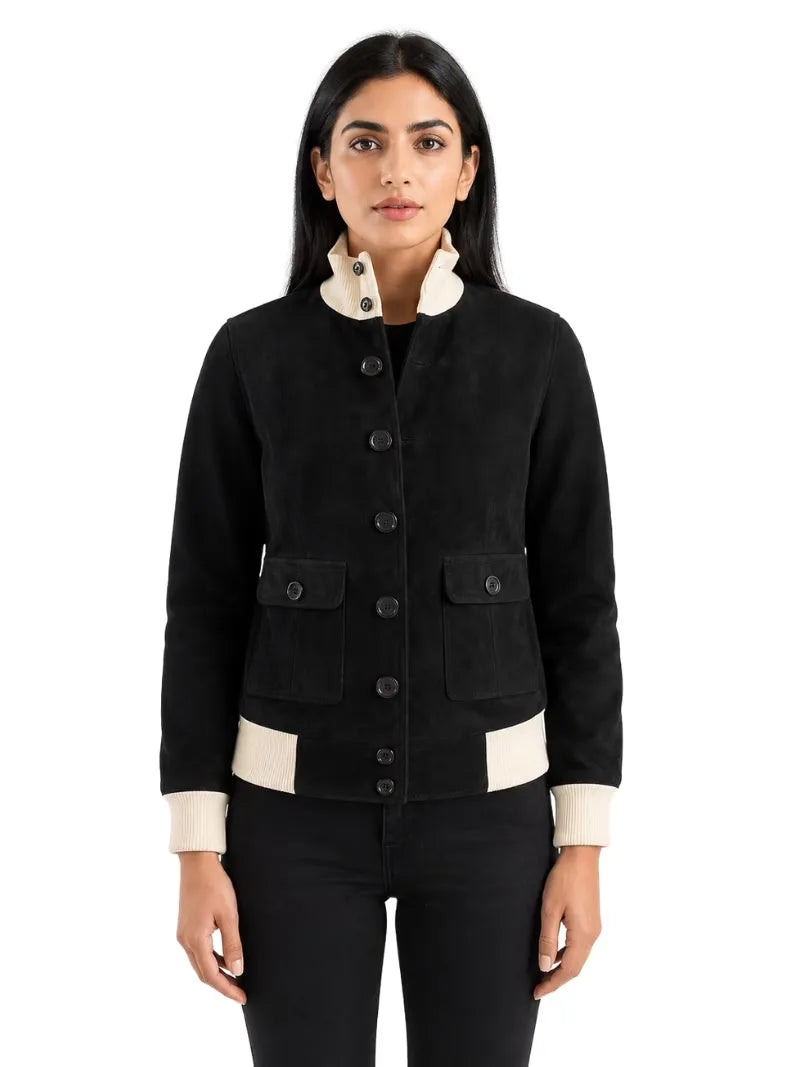 Women's black sheepskin suede leather jacket, front view
