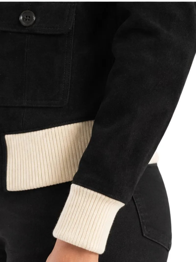 Women's black sheepskin suede leather jacket, lining detail