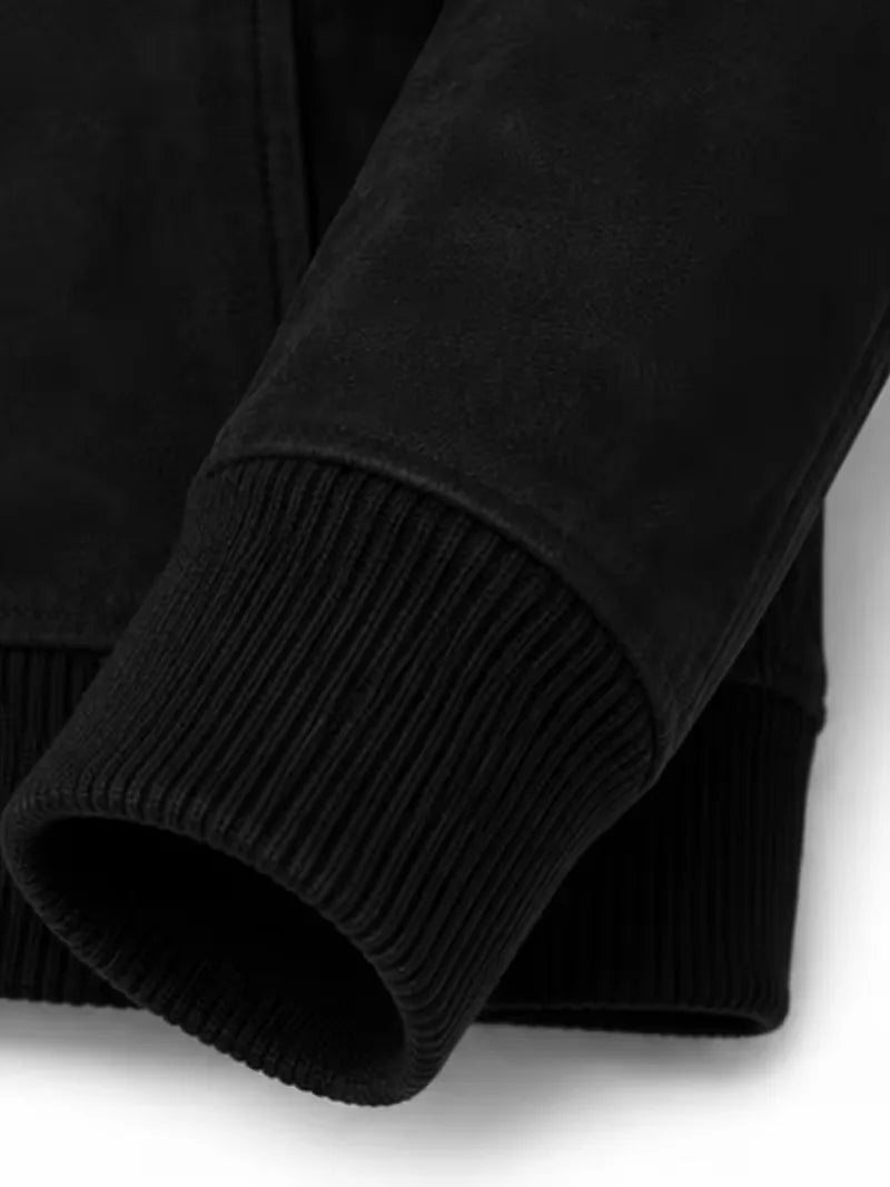 Women's black suede leather hooded jacket, lining detail