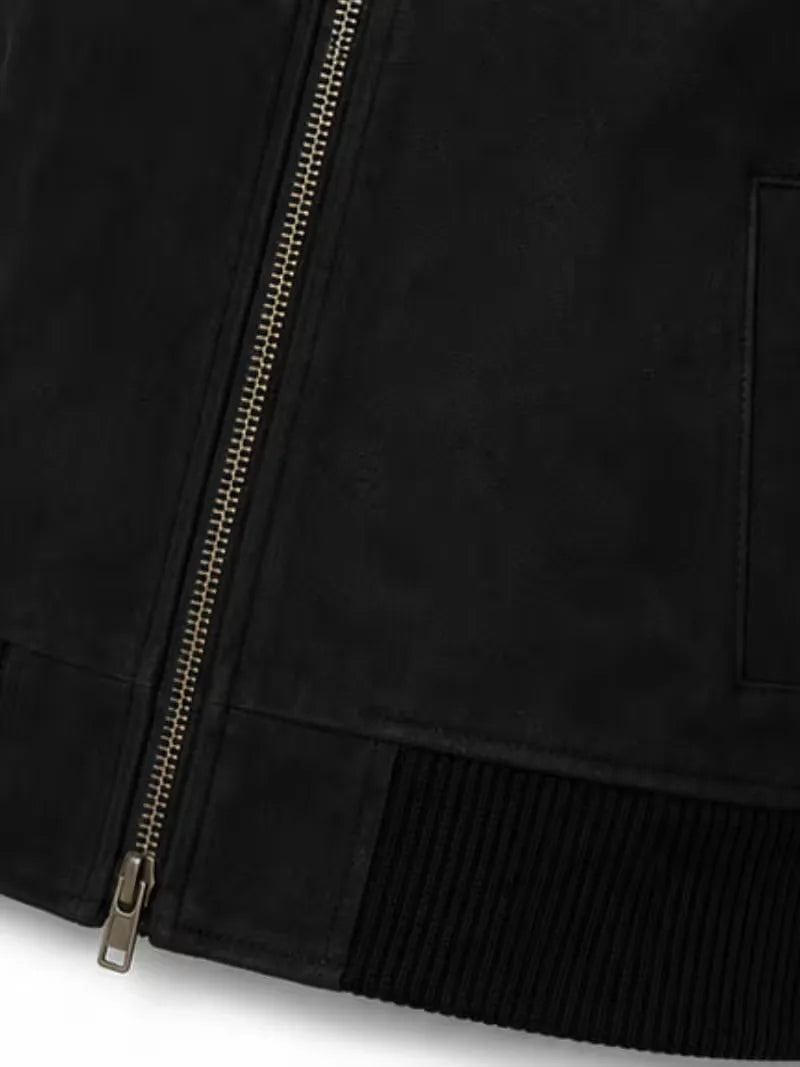 Women's black suede leather hooded jacket, pocket detail