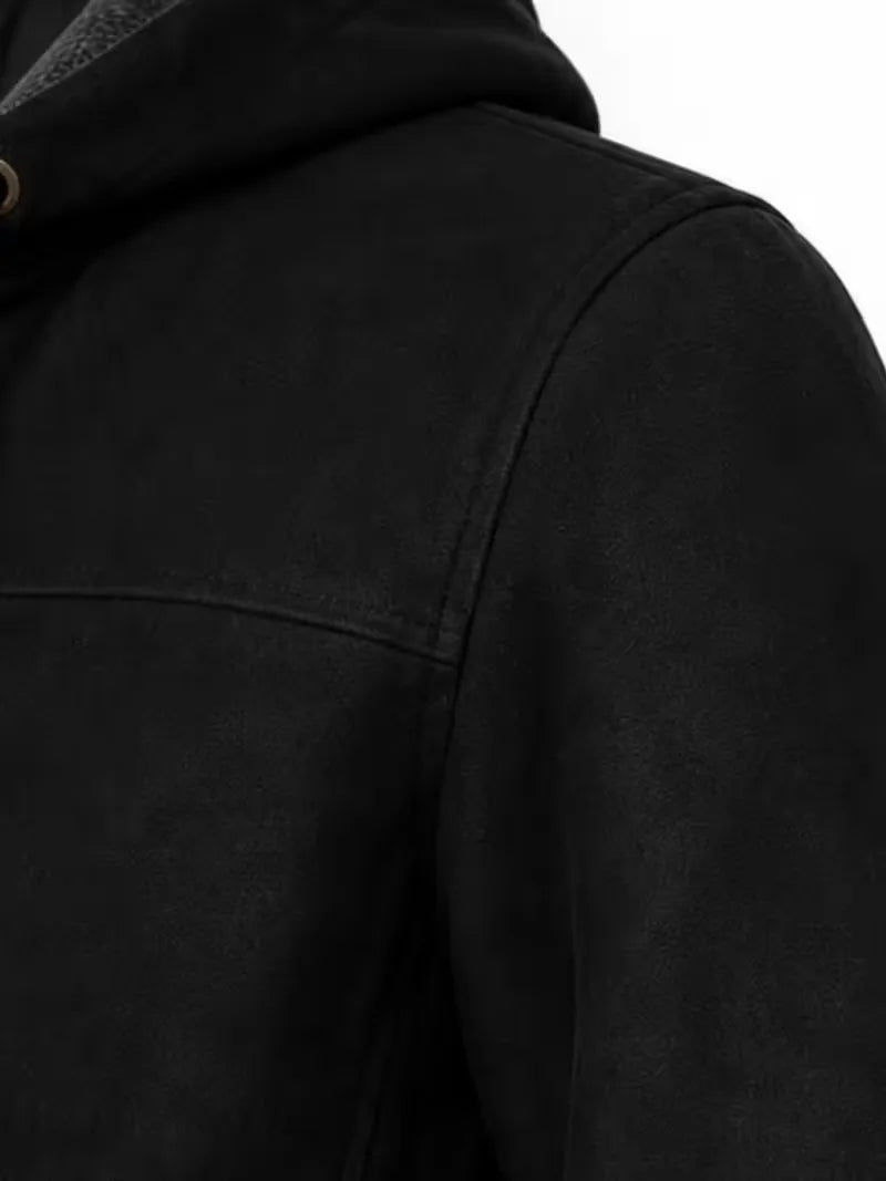 Women's black suede leather hooded jacket, cuff detail