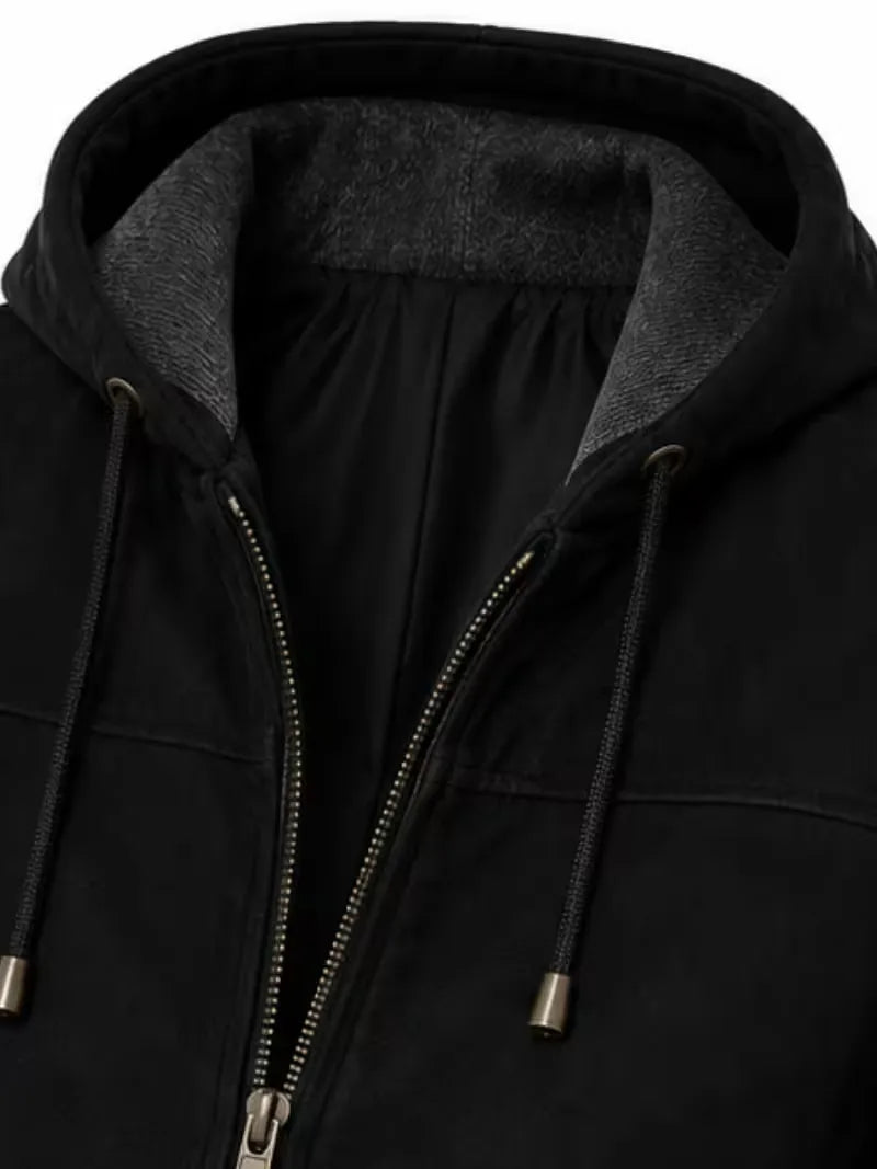 Women's black suede leather hooded jacket, zip and closure detail