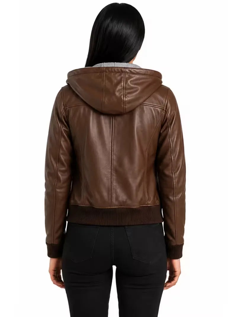 Women's black suede leather hooded jacket, collar detail