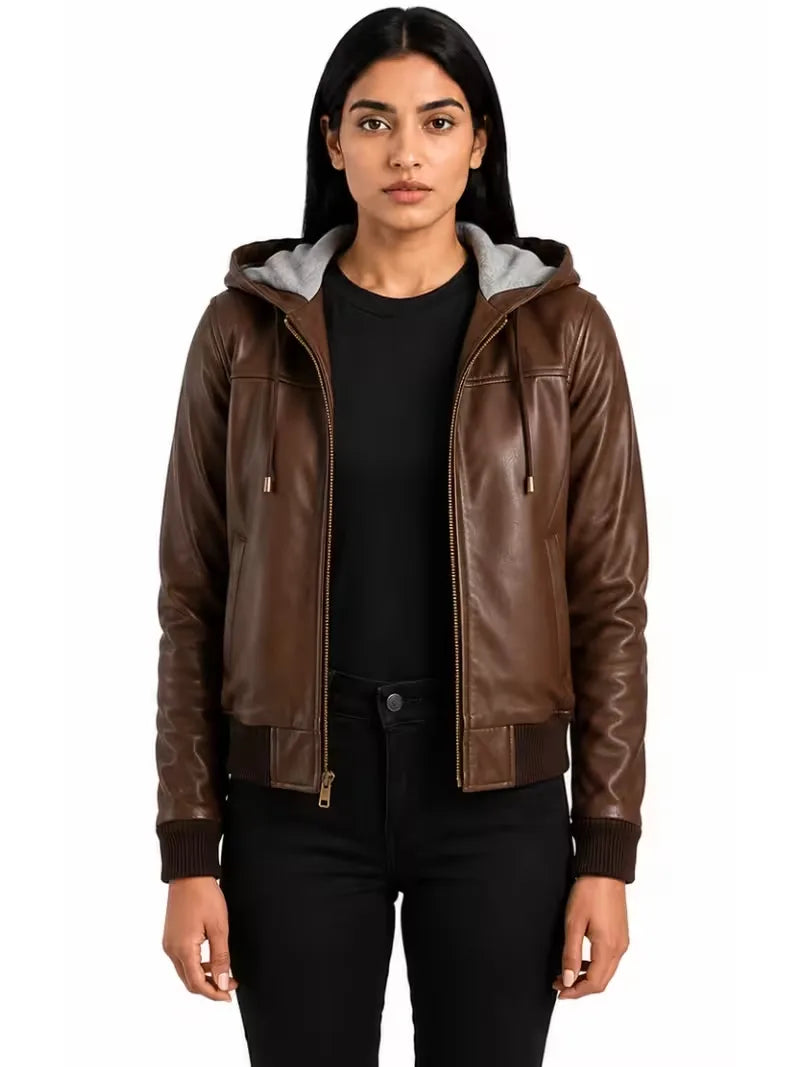 Women's black suede leather hooded jacket, side view