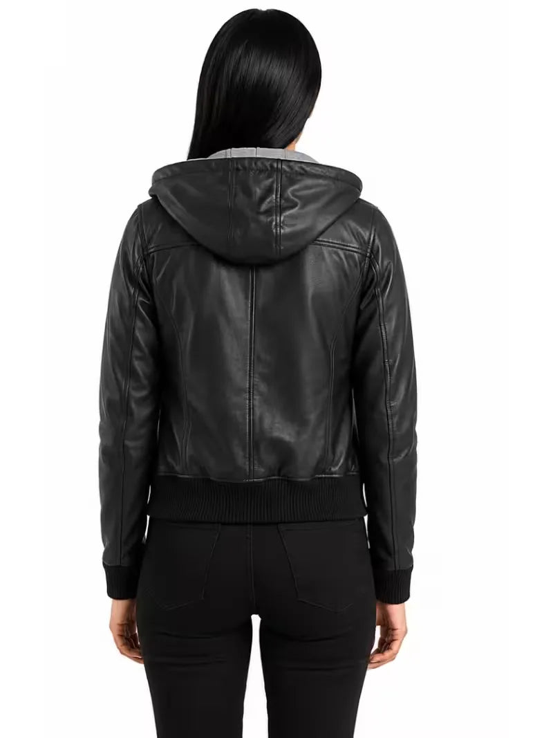 Women's black suede leather hooded jacket, back view