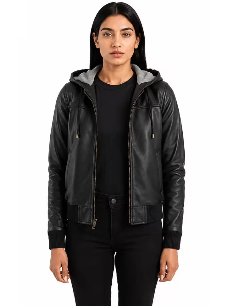 Women's black suede leather hooded jacket, front view
