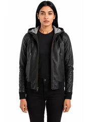 Women's black suede leather hooded jacket, front view