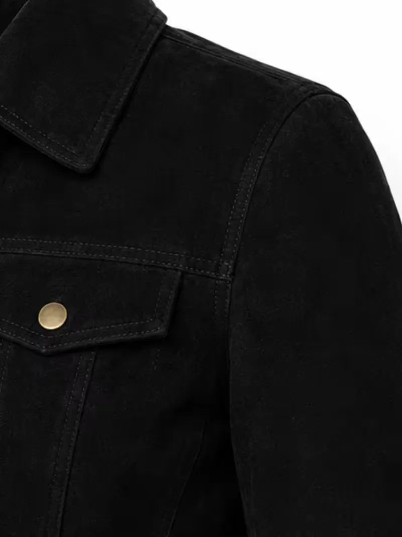 Women's black sheepskin suede leather shirt jacket, cuff detail