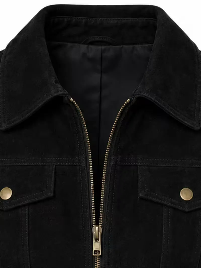 Women's black sheepskin suede leather shirt jacket, zip and closure detail