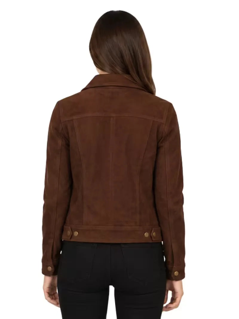 Women's black sheepskin suede leather shirt jacket, collar detail