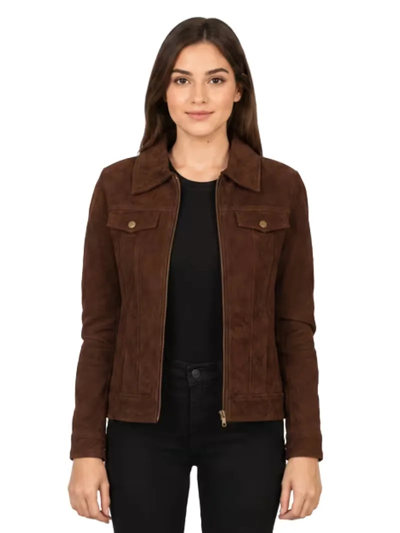 Women's black sheepskin suede leather shirt jacket, side view