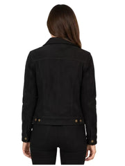 Women's black sheepskin suede leather shirt jacket, back view