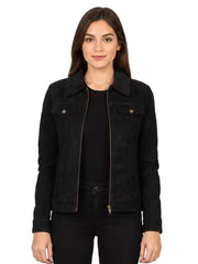 Women's black sheepskin suede leather shirt jacket, front view