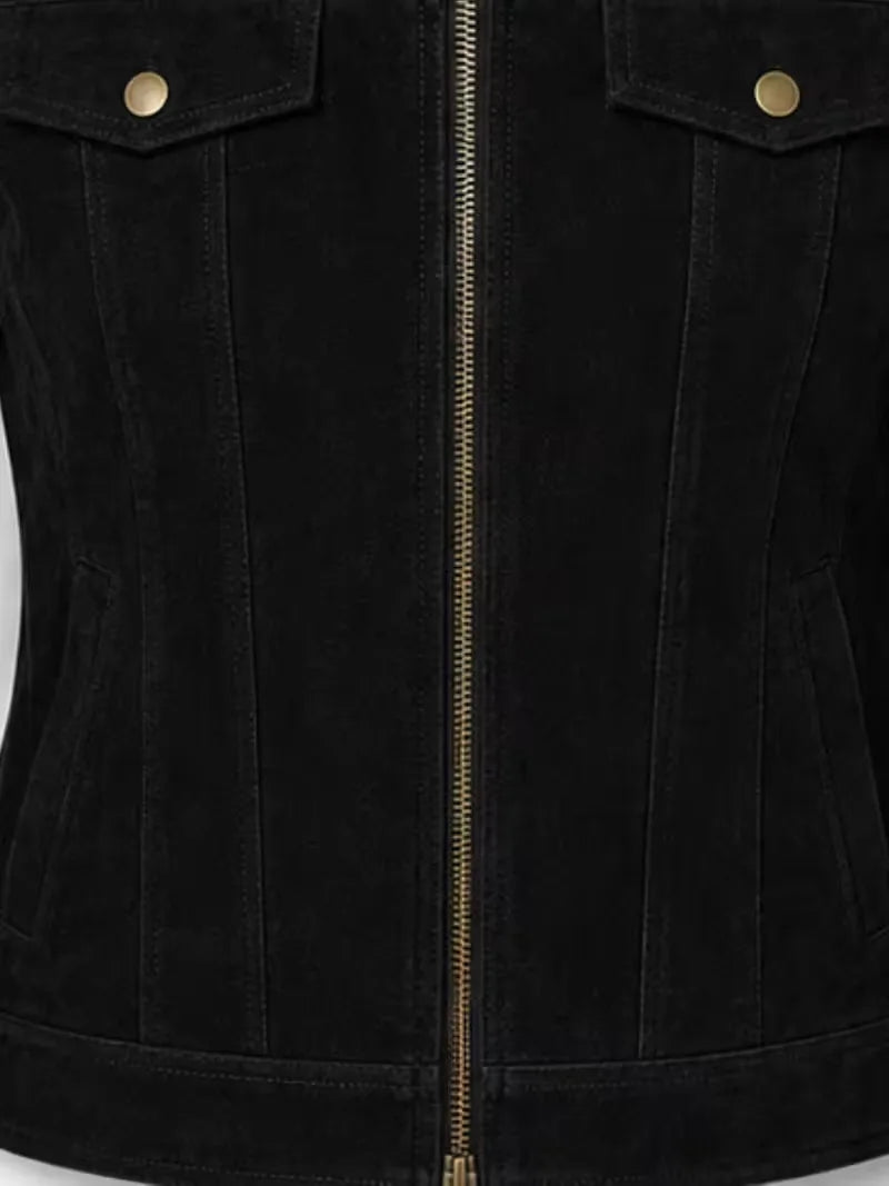 Women's black sheepskin suede leather shirt jacket, lining detail