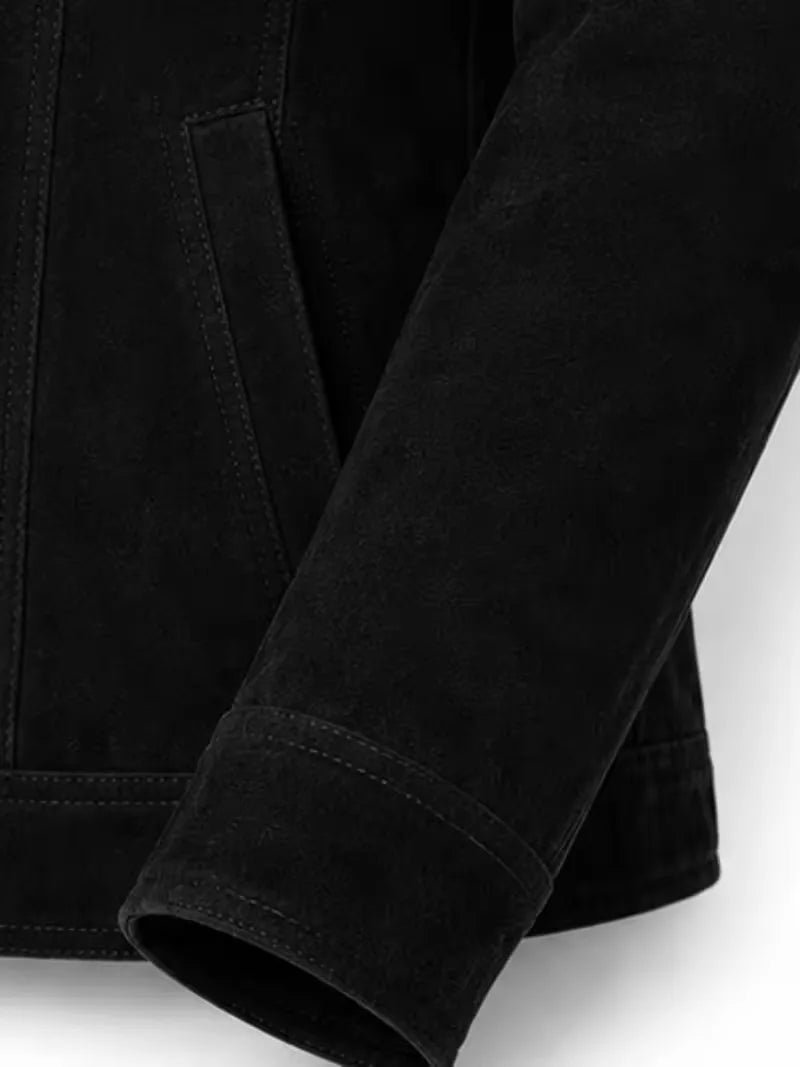 Women's black sheepskin suede leather shirt jacket, pocket detail