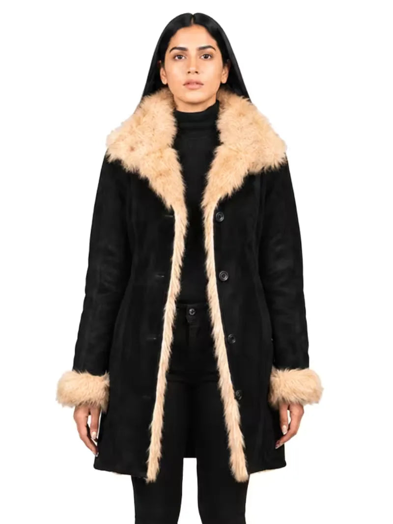 Women's black leather shearling leather jacket, front view