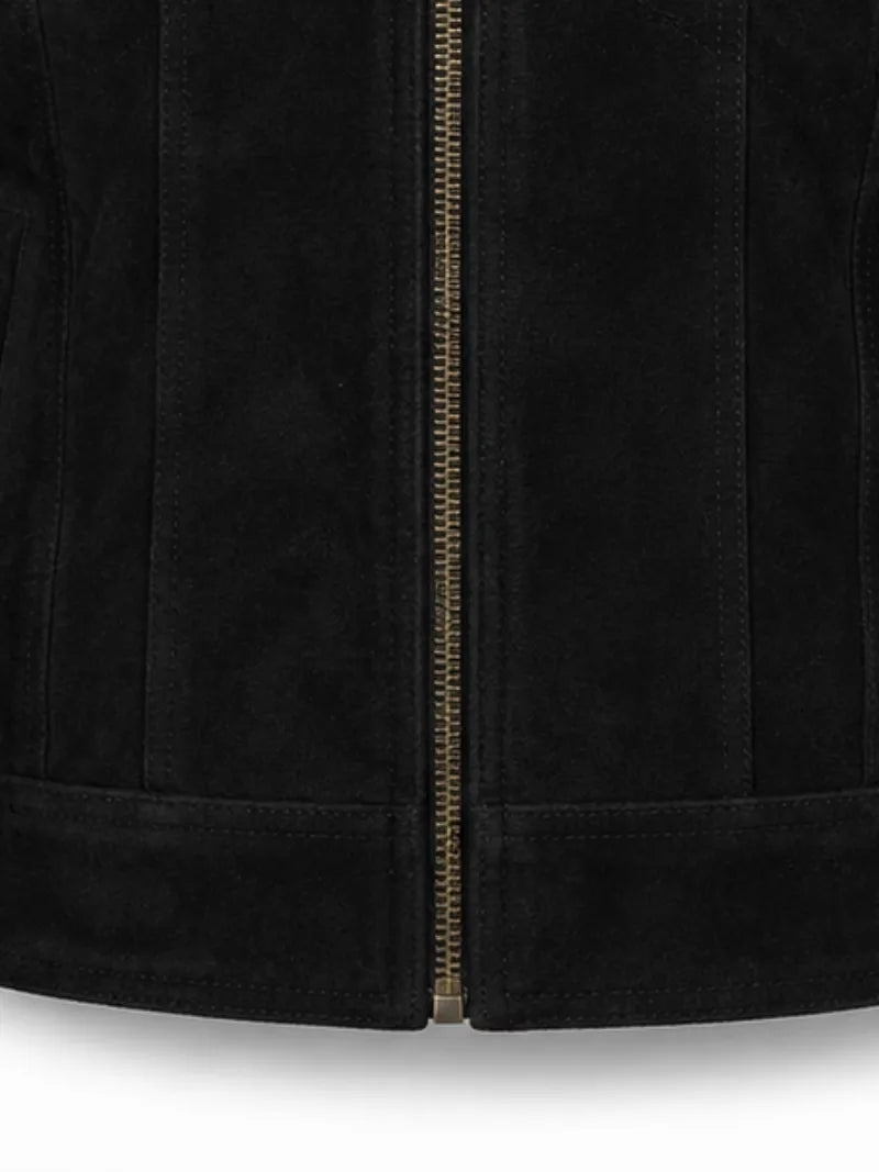 Women's black sheepskin suede leather jacket, pocket detail