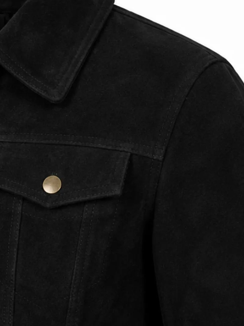Women's black sheepskin suede leather jacket, cuff detail