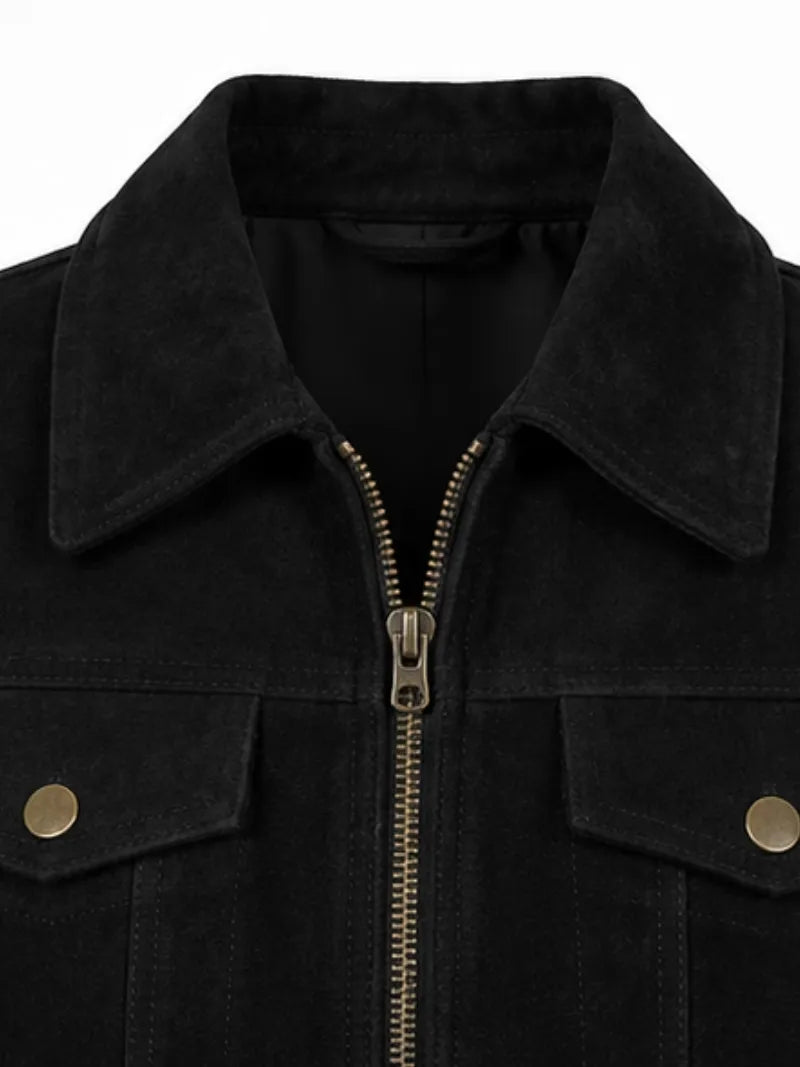 Women's black sheepskin suede leather jacket, zip and closure detail