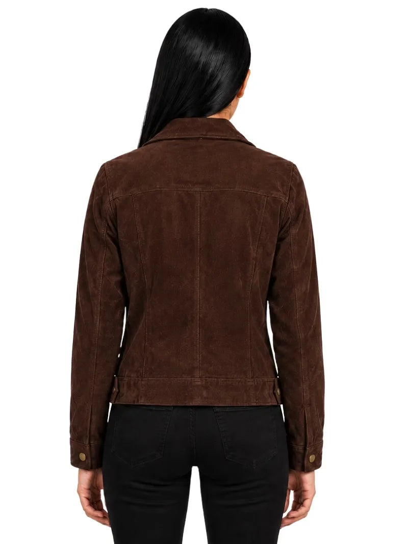 Women's black sheepskin suede leather jacket, collar detail