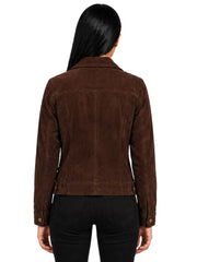 Women's black sheepskin suede leather jacket, collar detail