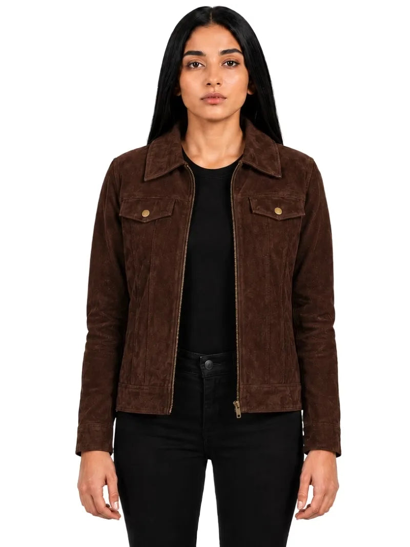 Women's black sheepskin suede leather jacket, side view