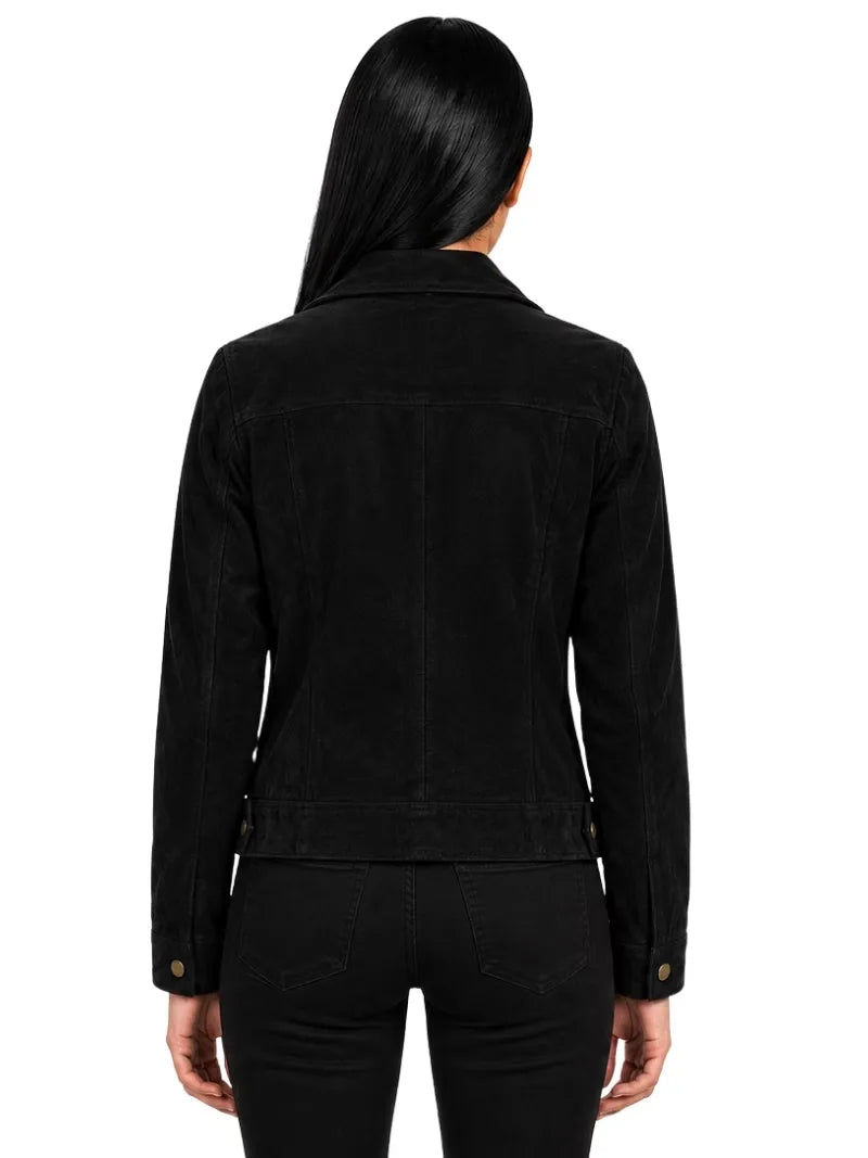 Women's black sheepskin suede leather jacket, back view